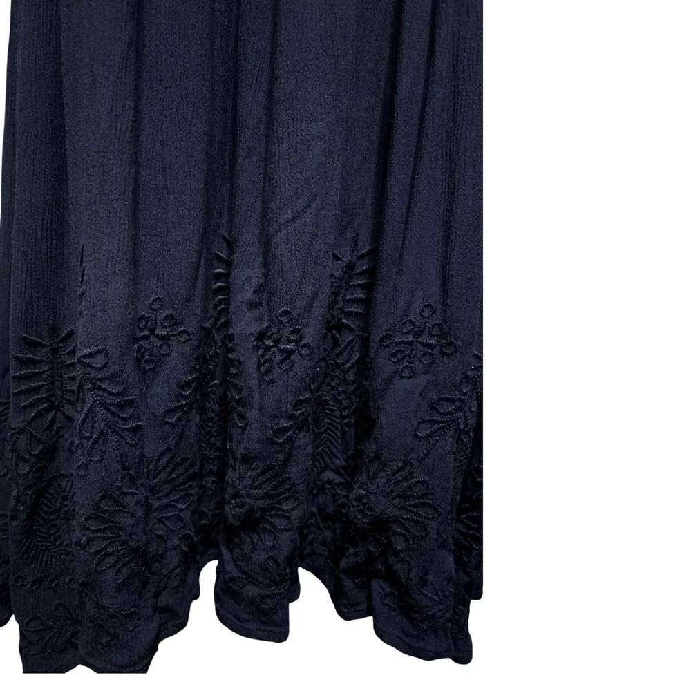 Free People Elaine Maxi Slip Navy Blue‎ Excellent Boho Embroidered T-Back Halter